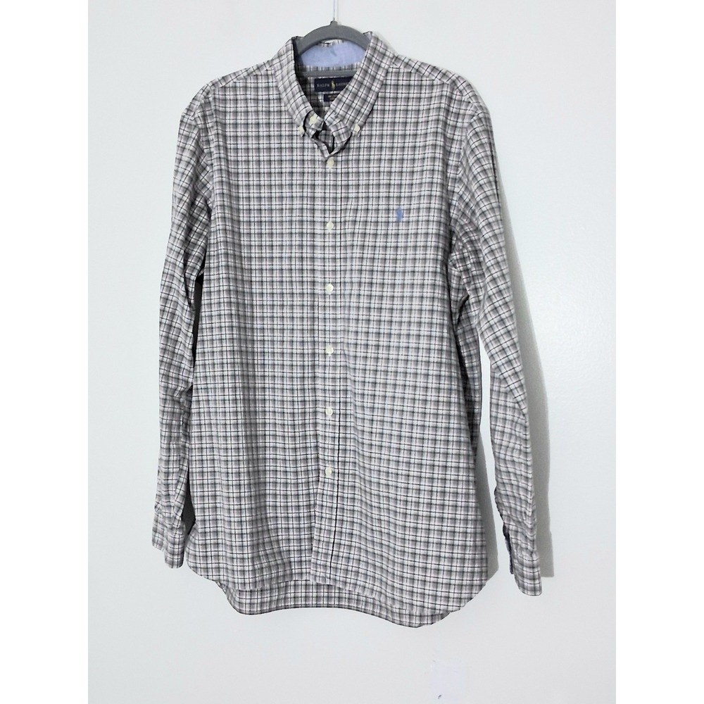 Ralph Lauren Shirt Men's Size XL Gray Pink Plaid Long Sleeve Button Up Pre-owned